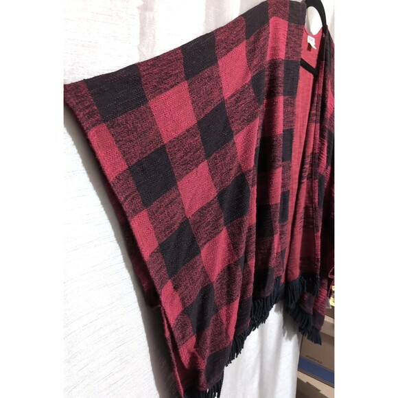 Mossimo Supply Red/Black Buffalo Plaid Poncho Cardigan Open Cape Fringe S/M - Picture 11 of 16